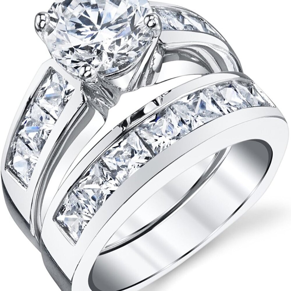 Sterling Silver Cubic Zirconia Bridal Set 3.35 Carats Wedding Ring Bands